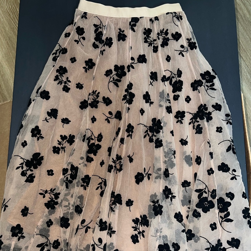 Floral Mesh Midi Skirt - Blush Pink with Black Floral